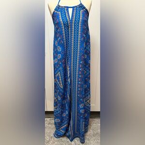 Blue Patterned Halter Maxi Dress Sz MED